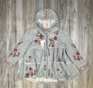 Johnny Was Zuzu Embroidered Gray Tiered Zip Hoodie, Women’s Size Medium, New - Picture 1 of 12