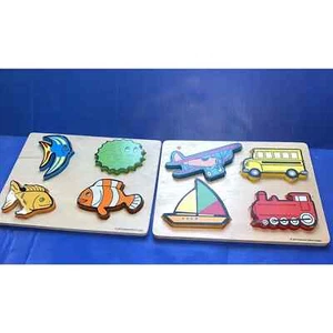Lot of 2 2007 Discount School Supplies Wooden Puzzles 4 pieces Ea Used Fish Cars - Picture 1 of 16