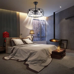 20'' Retro Metal Ceiling Fan Light Caged Chandelier Remote Lamp Fan 3 Wind Speed - Picture 1 of 11
