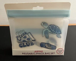 Pack Of 2 JUSTICE Reusable Snack Bag Set Of 2 Blue “SELF CARE” Pizza Turtle - Picture 1 of 5