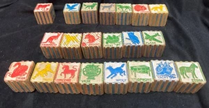 21 Antique Wood Blocks Letters Alphabet Toy Zebra Unicorn Wolf Swan Owl Goat Fox - Picture 1 of 4