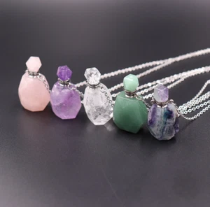 Natural Quartz Crystal Perfume Bottles Essential Oil Bottle Pendant Necklace - Picture 1 of 12