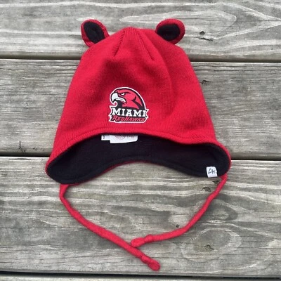 Miami Redhawks Knit Infant Child Beanie/Hat ears red fleece lined 47' - Image 1 of 4
