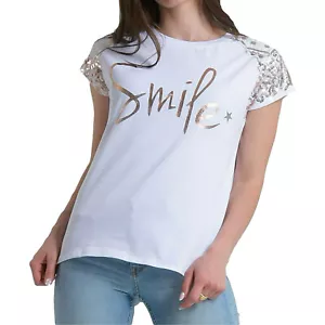 White Women's T-Shirt, Short Sleeves, Sequin Print, Cotton Blend 20700 - Picture 1 of 5