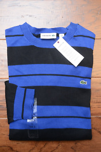 Lacoste Men's AH0358 $135 Crew Neck Blue Striped 100% Cotton Sweater 3XL EU 8