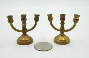 VTG Pair Of Miniature Brass Candleabras 1.5" Tall 3 Labra Doll House Pieces BC33 - Picture 1 of 11