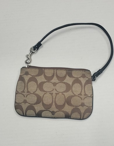 Coach Small Tan and Brown Signature Wristlet Zip Pouch Wallet