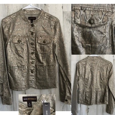 Chaqueta Metálica DANA BUCHMAN Talla 6 Nueva Con Etiquetas Dorada Piel de Serpiente Botón Paquetes Ligeros Foto 1 de 4