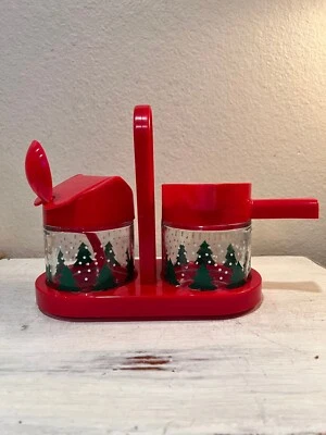 Vintage Gemco Christmas Tree Holiday Sugar & Creamer Set w/ Caddy EUC - Image 1 of 4