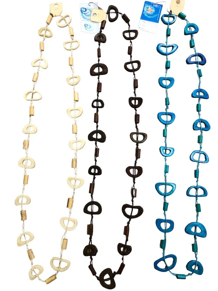 3 COLLANE IN OSSO E EGNO COLORI, NATURALE,  MARRONE TURCHESE BIGIOTTERIA CM 55 - Immagine 1 di 2