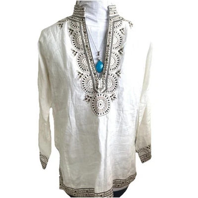 J. Blusa Crew BOHO indiana bordada enfeitada linho branco neutro tamanho P ótima! - Imagem 1 de 4