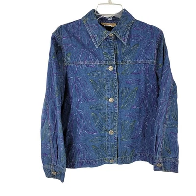 Embroidered Denim Jacket 1X Floral Stitch Boho Cottagecore Western Y2K Button Up - Image 1 of 4