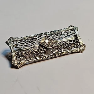 14K White Gold Filligree Diamond Art Deco Brooch Vintage 1.0"x0.25"  - Picture 1 of 16