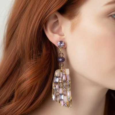 Anthropologie Gold Mosaic Crystal Earrings Iridescent Statement Asymmetric Boho  - Image 1 of 4