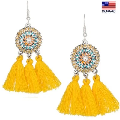 Moda Mujeres Joyería Boho Algodón Borla Pendientes Estilo Atrapasueños Gancho Foto 1 de 4