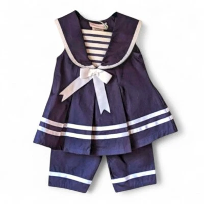 Conjunto de roupa Bonnie Baby Sailor duas peças tamanho 12 Mos azul marinho e branco - Imagem 1 de 4