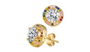 925 Sterling Silver Gold Colorful Round Shaped Cubic Zirconia Stud Earrings - Picture 1 of 3
