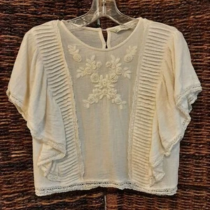 Zara Blouse Small Cream Beaded Embroidered Lace Gauzy Pintuck Flutter Ruffle Top - Picture 1 of 10