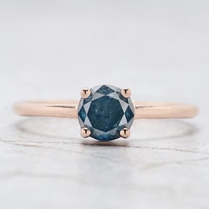 0.95 Ct Round Cut Blue Color Diamond Ring 14K Rose Gold Engagement Gift Ring - Picture 1 of 9
