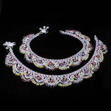 Indian Style Bridal Women Real Solid Silver Multicolor Anklets Pair 10.4"