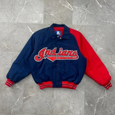 90s Vintage Starter Cleveland Indians Jacket Mens Small Bomber Coat Colorblock - Image 1 of 4