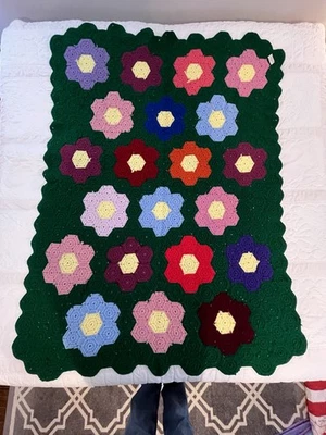 Handmade Afghan/ Quilt Dark Green With multicolored Crocheted Flowers - Image 1 of 4