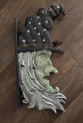 Folk Art Carved Wooden Sign Witch Face Painted Halloween Bats Heavy Wood Decor - Image 1 of 4
