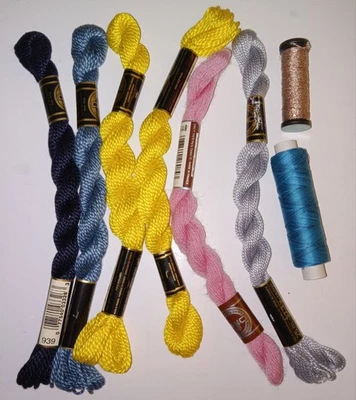 Lot of 8 ~ Mostly DMC ~ #3 Perle, #5 Perle,  Wool, Kreinik ~ Embroidery/CS Floss - Image 1 of 4