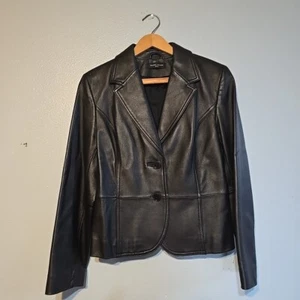 Valerie Stevens Leather Jacket Petite Medium Black 2 Button Coat - Picture 1 of 12