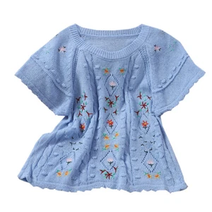 Lady Short Knit T Shirts Crop Tops Floral Embroidery Slim Knitwear Blouse Casual - Picture 1 of 13