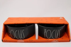 RAE DUNN Halloween  HOCUS & POCUS Dog Food Dish Set Black And White NIB Ceramic - Picture 1 of 2
