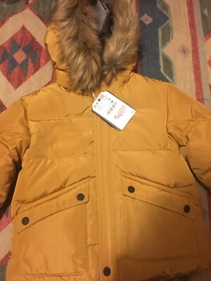 NWT- Zara Down Coat Size 3/4 Mustard Faux Fur Hoodie( Removable). - Image 1 of 4