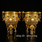 3.6"Chinese antiques Pure copper Handmade Inlaid gems Gilded Wine glasses A pair