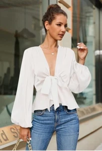 NWOT FESSCERUNA womens sz XL veep v neck ballon sleeve tie front chiffon blouse - Picture 1 of 7