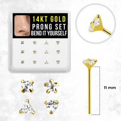 14K Solid Gold 22G Bendable Fishtail 11mm Nose Stud Clear Crystal CZ Jewelry - Image 1 of 4