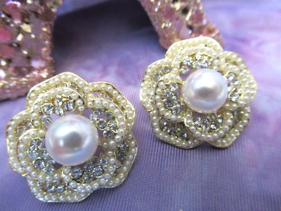 Exquisite Camellia Flowers Crystal Rhinestones and Pearl Stud Earrings - Image 1 of 4