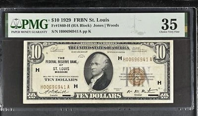 $10 1929 FRBN St. Louis Fr#1860-H Jones Woods Choice VF35 PMG  - Image 1 of 2
