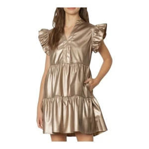 Entro Tiered Faux Leather Mini Dress Ruffle Sleeve Party Gold Size Large - Picture 1 of 12