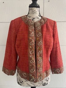 Josephine Chaus Jacket Orange Silk Embellished Embroidered Women Sz 10 (B9) - Picture 1 of 12