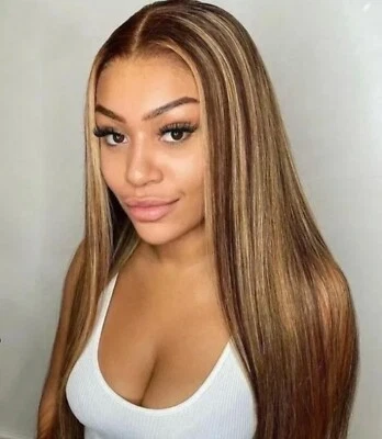 Pelucas delanteras de encaje 4/27 Highlight parte en T cabello humano reflejos pre arrancados 22 pulgadas Foto 1 de 4