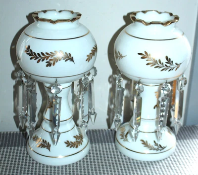 TWO Vintage MANTLE LUSTER Candle Lamps PRISMS Made in Spain WHITE & GOLD Lot AP - Image 1 of 4