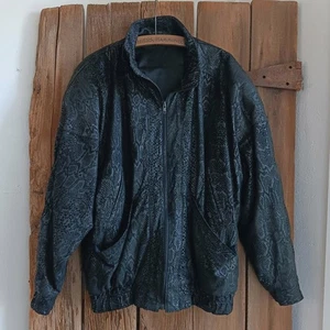 Vintage 80s Black Faux Snakeskin Print Bomber Jacket Womens Shoulder Pads *A - Picture 1 of 8