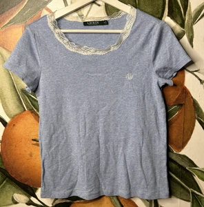 Pijama Lauren Ralph Lauren Pequeño Top Borde de Encaje Azul Manga Corta Mezcla de Algodón - Imagen 1 de 6