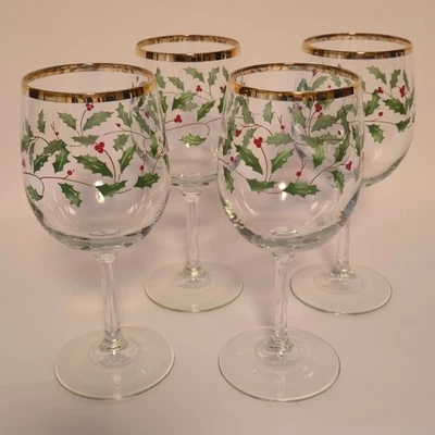 Lenox Navidad 4 copas de vino navideñas con borde dorado ancho y bayas de acebo brillantes Foto 1 de 4