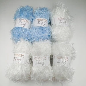 Moda Dea Zing Yarn Lot of 6 Skeins Pearl and Blue Ice Colors 87 Yd Each Fur Yarn - Picture 1 of 8