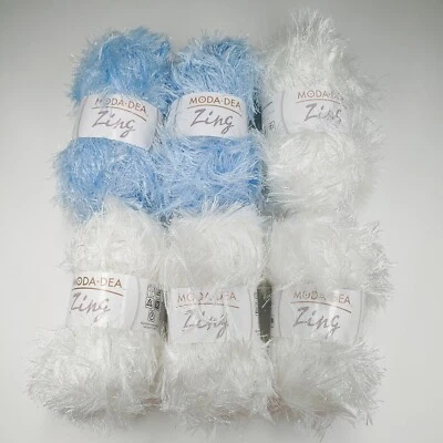 Moda Dea Zing Yarn Lot of 6 Skeins Pearl and Blue Ice Colors 87 Yd Each Fur Yarn - Image 1 of 4