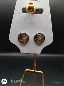 Handmade Silver Tone Round Bezel Earrings Moon In Space Cabochons - Picture 1 of 1