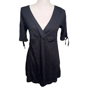 Tresics Tunic Top Surplice Deep V Neck Split Tie Short Sleeve Floaty Black L - Picture 1 of 6