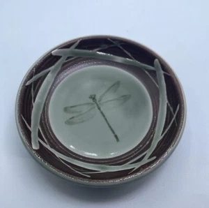 Kotobuki Sushi Sauce Dish Trinket Dish Dragonfly Japan Pottery Green And Brown - Picture 1 of 5