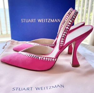 Stuart Weitzman GEMCUT XCURVE 100SLINGBACK Hot Pink Suede Swarovski Crystal 8.5C - Picture 1 of 24